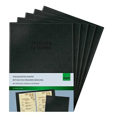 Abbildung von SIGEL SM131/5 Speisekarten Mappen mit Buchschrauben Bindung für A4, 5 er Pack, schwarz edler Leinenstruktur, strapazierfähig und leicht abwischbar