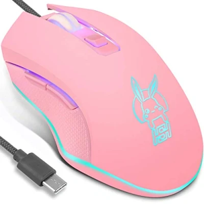 Abbildung von IULONEE Kabelgebundene Gaming Maus USB C geräuscharmes Klicken 7 Farben Hintergrundbeleuchtung optische Typ mit 2400 DPI und 6 Tasten für PC Computer Laptop Desktop Mac (Pink)
