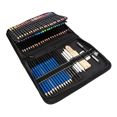 Abbildung von Ideen mit Herz Hochwertiges Buntstift und Zeichensortiment Mal Stifte Werkzeuge Reißverschluss Etui Set für Künstler 96 teilig