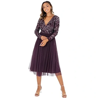 Abbildung von Maya Deluxe Damen Midi Elegant Wedding Sleeves Deep V Neck Sequins Cocktail Prom Bridesmaid Dress, Berry, 48 EU