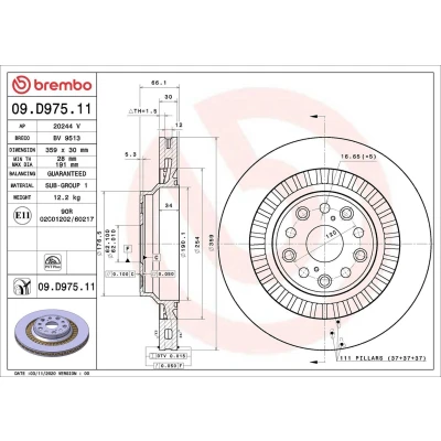 Abbildung von BREMBO 09.D975.11 Bremsscheibe 359 30 5 innenbelüftet beschichtet