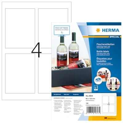 Abbildung von HERMA 4603 Flaschenetiketten, 40 Blatt, 90 x 120 mm, 4 pro A4 Bogen, 160 Stück, selbstklebend, bedruckbar, glänzend, blanko Flaschenaufkleber Etiketten aus hochwertigem Papier, weiß