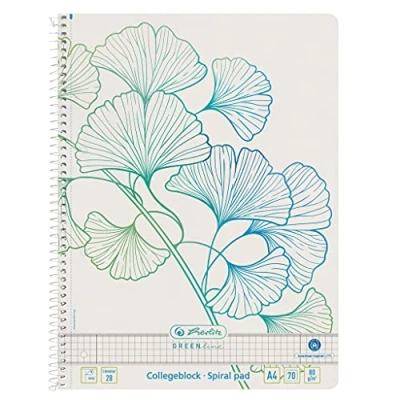 Abbildung von Herlitz Spiralblock GREENline A4, Lineatur 28, 70 Blatt, Motiv Ginkgo, 5 Stück