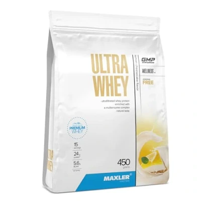 Abbildung von Maxler Ultra Whey Protein 24 g pro Portion Reines Pulver Molkenprotein Konzentrat, Isolat, Hydrolysat Mit BCAA Zitronen Käsekuchen 450g