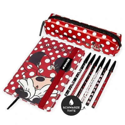 Abbildung von Disney 3 Teiliges Stationery Set, Schreibwaren Set mit Notitzheft A5, 6 Kugelschreibern und Federmäppchen, Geschenke für Jungen Mädchen, Minnie Maus Druck