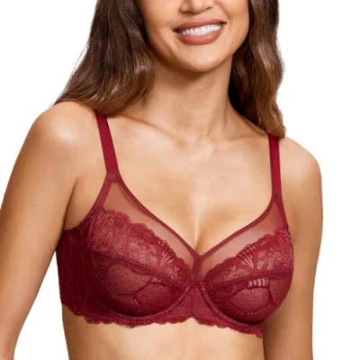Abbildung von DOBREVA Damen Spitzen Minimizer BH mit Bügel Große Brüste Sexy Vollschalen Ungefüttert Chinesisches Rot 80B