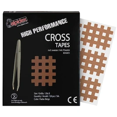 Abbildung von ALPIDEX Cross Tape 120 Stück Größe B beige Gitter Tapes Gitterpflaster Pflaster mit antistatischer Pinzette Gittertape Wasserfest Starker Kleber