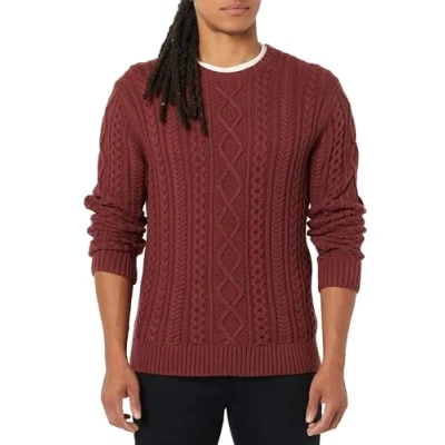 Abbildung von Amazon Essentials Herren Pullover mit Langen Ärmeln und Rundhalsausschnitt aus 100% Baumwolle Zopfmuster, Ochsenblutrot, XS