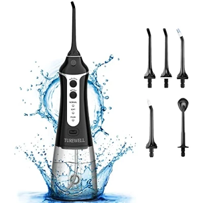Abbildung von TUREWELL Munddusche für die Zahnseide, kabellos, 300 ml, tragbar, IPX7, wasserdicht, 3 Modi, Wasser, schnurlose Zähne/Zahnspangen, 6 Wasserstrahlspitzen Reisen und Familie