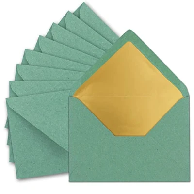 Abbildung von 10x DIN C5 Kuverts 15,6 x 22 cm aus Kraft Papier in Eukalyptus (Grün) mit goldenem Seidenfutter Nassklebung Blanko Brief Umschläge Recycling Serie UmWelt