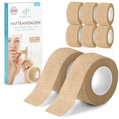 Abbildung von Fingerpflaster Selbsthaftend 8x Pflaster Rolle (2,5cm x 4,5m) Verband Selbstklebend Elastisches Tape wasserfest Staub , Fett und Schmutzabweisendes Pflasterband (Hautfarben, 8 Rollen)