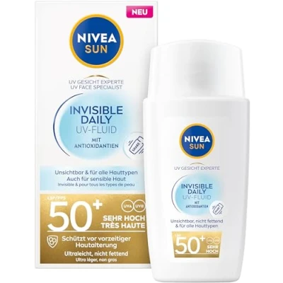 Abbildung von NIVEA SUN Sonnenschutz Fluid LSF 50+, nicht fettende Sonnencreme mit Antioxidantien, ultraleichtes unsichtbarem Finish, UV Gesicht Experte Invisible Daily 50+ (40ml)