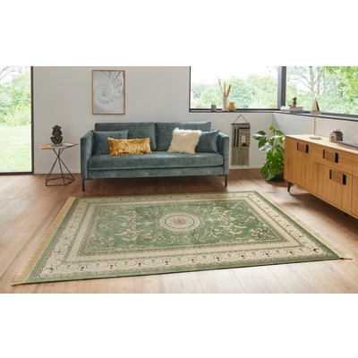 Abbildung von Nouristan Naveh Orient Teppich Wohnzimmerteppich Orientalisch Kurzflor mit Fransen Vintage Orientalischer Samt für Esszimmer, Wohnzimmer, Schlafzimmer Grün, 95x140cm