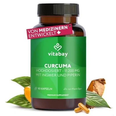 Abbildung von Vitabay Kurkuma Kapseln hochdosiert 1 Kapsel täglich VEGAN 90 Tabletten 500mg mit Pfeffer Kurkumin Curcuma Curcumin Piperin Extrakt Kukuma