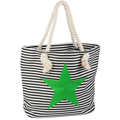 Abbildung von styleBREAKER Strandtasche in Streifen Optik mit Stern, Schultertasche, Shopper, Damen 02012037, Farbe:Schwarz Weiß/Grün