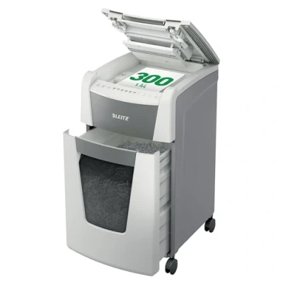 Abbildung von Leitz IQ Autofeed Office Aktenvernichter, 300 Blatt Papierstapel schreddern, Zeit sparen mit automatischem Einzug, Mikroschnitt P5, 60L Abfallbehälter, Leiser Betrieb für Büro, 80160000