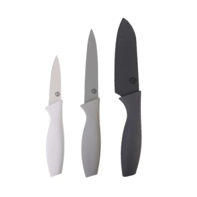 Abbildung von MasterChef Küchenmesser Set, Messerset ink. Kochmesser, Gemüsemesser &amp; Schälmesser, Scharfe Messer Edelstahl, Antihaftbeschichtete, Soft Touch Griffe, Grau, 3 teilig, Erde