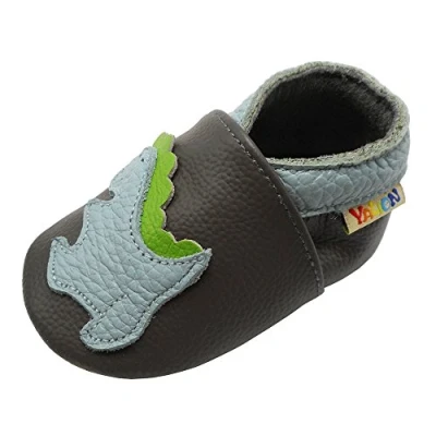 Abbildung von YALION Premium Weich Leder Babyschuhe Krabbelschuhe Lauflernschuhe Hausschuhe mit Dinosaurier Dunkelgrau, EU 24/25=XL