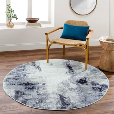 Abbildung von Surya Bangkok Wohnzimmer Teppich modern Abstrakt Design in Marmor Optik für Wohnzimmer, Esszimmer, Schlafzimmer groß, weicher Kurzflor 160 cm Rund Elfenbein und Schwarz