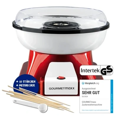 Abbildung von GOURMETmaxx Zuckerwattemaschine für Zuhause mit Zubehör Retro Cotton Candy Machine Nostalgie Zuckerwatte Stäbchen und Mess Löffel Kinder Party [Rot Weiß]