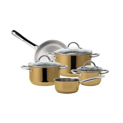 Abbildung von ECHTWERK Induktion Kochtopf Set aus hochwertigem Edelstahl,8 teiliges Kochgeschirr,Töpfe mit Glasdeckel,3 x Kochtopf,Stielkasserole und Bratpfanne,Für alle Herdarten geeignet,Gold Edition,EW TS 8030G