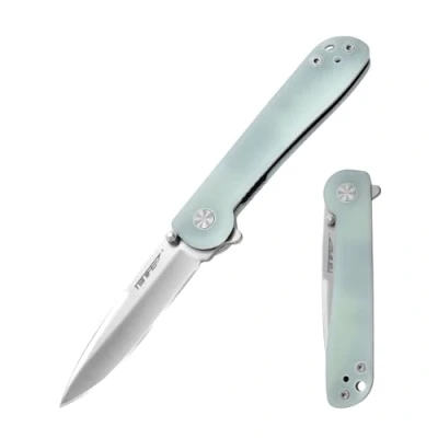 Abbildung von TONIFE Risingstar Klappmesser Outdoor Messer mit Taschenclip, 8Cr14MoV Klinge und G10 Griff für Kleine Camping (Transparent Cyan + Satin)