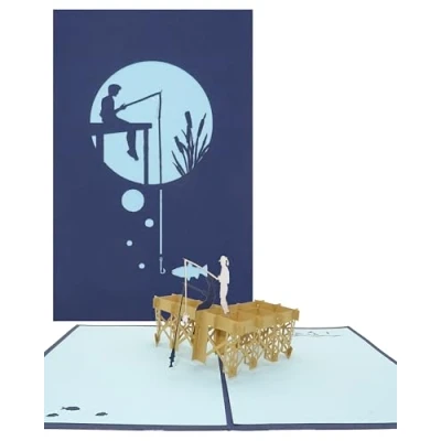 Abbildung von Pop Up Karte Angeln Angelausflug 3D Geburtstagskarte, Postkarte zum Ruhestand, Fischen, Angelsport Geschenkgutschein und Einladungskarte mit Angler am See