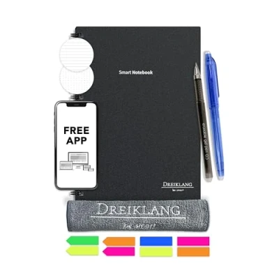 Abbildung von Dreiklang wiederverwendbares Notizbuch Schreibblock Planer, schwarz, DIN A 5, Focus Linien und Punktraster, mit iOS/Android App Cloud, wiederbeschreibbar, Stift, Haftnotizen Mikrofasertuch