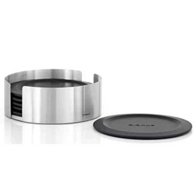 Abbildung von blomus LARETO Set 6 Untersetzer aus Silikon, Behälter Edelstahl, extrem rutschfest, verhindert Kratzer, , (HBT: 4 x 11,2 cm, schwarz, 63476)