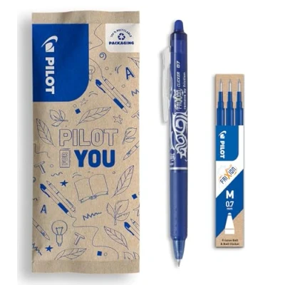 Abbildung von PILOT Set aus 1 FriXion Clicker + 3 Minen Radierbarer Stift mit Druckmechanik und wärmeempfindlicher Tinte Nachfüllbar komfortabel Blau Mittlere Spitze
