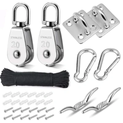 Abbildung von TooTaci M20 Umlenkrolle Edelstahl 304, Seilrolle set mit 4mm Nylon Riemenscheibe Seil 20M, Karabinerclip, Längliche Augenkissenplatte, Stollenhaken, Umlenkrollen für seile