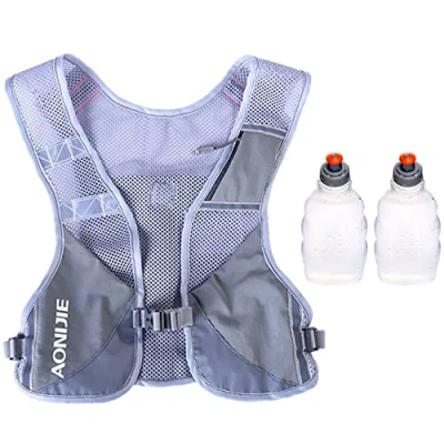 Abbildung von Ultraleicht Reflektierender Trinkrucksack Rucksack Trinkweste Marathon Running für Damen Herren (Grau mit 2 250ml Flaschen)