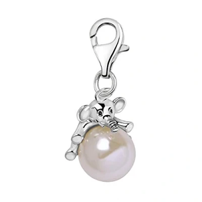 Abbildung von Quiges Charm Anhänger Weiß Kunst Perle mit 3D Elefant 925 Silber Karabinerverschluss für Bettelarmband
