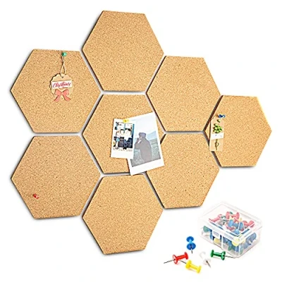 Abbildung von Pinnwand Kork 8 Stück, HENMI Korktafel Korkwand DIY, Sechseckige Korkplatte mit 40 Stück Pushpins, Selbstklebende für Foto Hängen, Notizen, Heimdekoration und Büro Memorandum