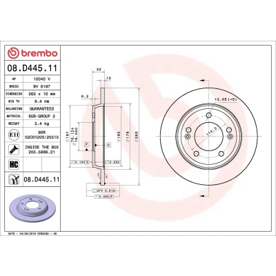 Abbildung von BREMBO 08.D445.11 Bremsscheibe 262 10 5 voll beschichtet hochgekohlt mit Schrauben HYUNDAI: Ioniq, i20 III, Elantra V Saloon, KIA: Niro