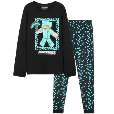 Abbildung von Minecraft Jungen Schlafanzug Set, bequemer Pyjama aus Baumwolle, Gamer Geschenke (Schwarz/Blau, 9 10 Jahre)