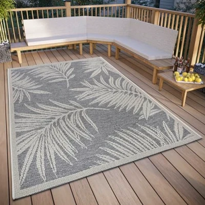 Abbildung von Hanse Home Paru Outdoor Teppich Wetterfest Modernes Palmen Muster Florales Design, Wasserfest robuster Aussenteppich Flachgewebe für Garten, Balkon, Terrasse, Wohnzimmer Grau Creme, 155x235cm