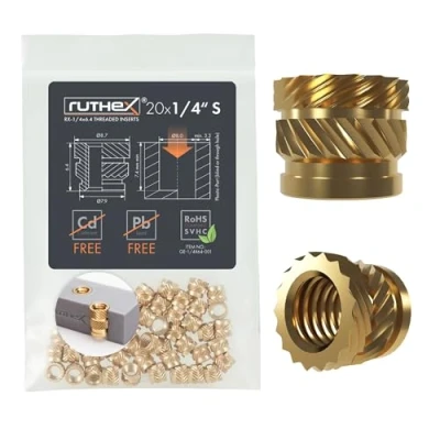 Abbildung von ruthex 1/4&quot; Zoll SHORT Gewindeeinsatz (UNC) 20 Stück RX 1/4“ 20x6.4 Gewindebuchsen aus Messing stabile Einpressmutter durch Wärme in 3D Druck Teile Kunststoff einsetzbar (Kameragewinde)