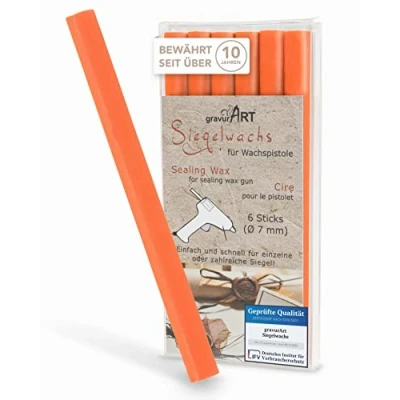 Abbildung von gravurART Siegelwachs flexibel für Wachspistole Stilvoll Briefe versiegeln mit dem 6er Pack Wachs Siegelstempel in Orange 7 mm
