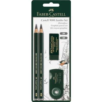 Abbildung von FABER CASTELL 119398 Bleistiftset 9000 Jumbo, mit 2 Bleistiften, 1 Radierer + Spitzdose, Schaftfarbe: grün