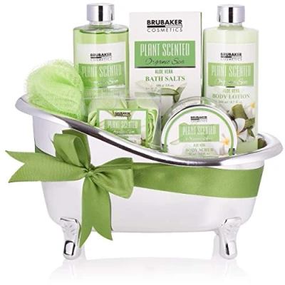 Abbildung von BRUBAKER Cosmetics Bade und Dusch Set Aloe Vera 7 teiliges Geschenkset in dekorativer Wanne Damen Beauty mit Badewanne Silber