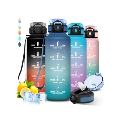 Abbildung von Trinkflasche Sport, 1 5 liter, mit Strohhalm, Leicht zu Reinigen, Auslaufsicher, Motivierendem Slogan, Zeitmarkierung, für Fitness, Wandern
