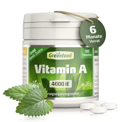 Abbildung von Vitamin A, 4000 iE, hochdosiert, 180 Tabletten, vegan gut für die Sehkraft. Ohne künstliche Zusätze. Gentechnik.