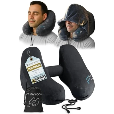 Abbildung von FLOWZOOM AIR Nackenkissen aufblasbar mit Kapuze Reisekissen Schnell aufblasbares Reise Flugzeug Kissen Travel Pillow Nackenhörnchen Erwachsene (schwarz)