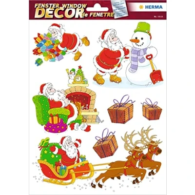 Abbildung von HERMA 15113 Fensterbilder Weihnachten Weihnachtsmann Schneemann Geschenke, 7 Stück, selbstklebend, Kinder Fensteraufkleber, ablösbare Winter Fenstersticker, Fensterfolie Kinderzimmer Weihnachtsdeko