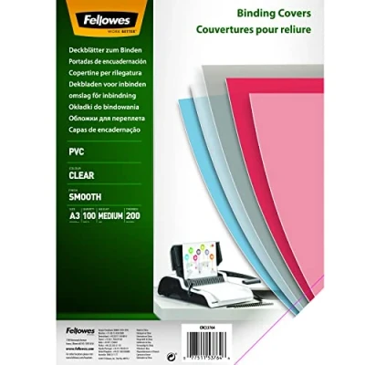 Abbildung von Fellowes PVC Deckblatt für Plastikbindung und Drahtbindung Stärke 200 Mikron transparent Format DIN A3 Packung mit 100 Stück