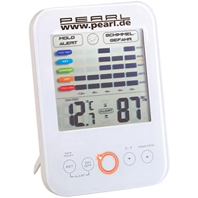 Abbildung von PEARL Schimmelalarm: Digital Hygrometer/Thermometer mit Schimmel Alarm und LCD Display (Hygrometer Schimmelalarm, Schimmelthermometer, Feuchtigkeitsmesser Pflanzen)