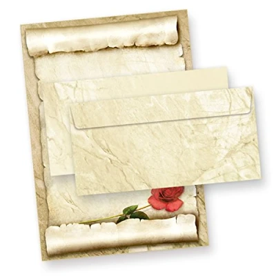 Abbildung von TATMOTIVE ROTE ROSE Briefpapier Set für Liebesbriefe (25 Sets) A4 Papier beidseitig + Umschläge Liebe