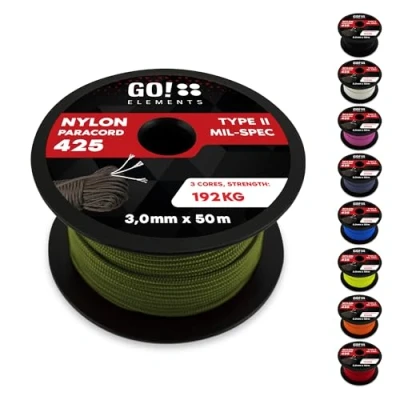 Abbildung von GO!elements 50m Paracord Seil aus reißfestem Nylon 3mm 425 Typ II max. 192kg Schnüre als Outdoor Seil, Allzweckseil, Survival Armband, Hundeleine, Nylonschnur, Farbe:Oliv