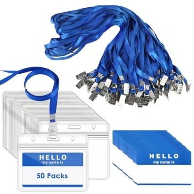 Abbildung von Gimars 50 Set Kartenhalter mit band, Ausweishülle Schlüsselband, Ausweishalter Kartenhülle Lanyard für Business, Ausstellung und Büro (Blau)